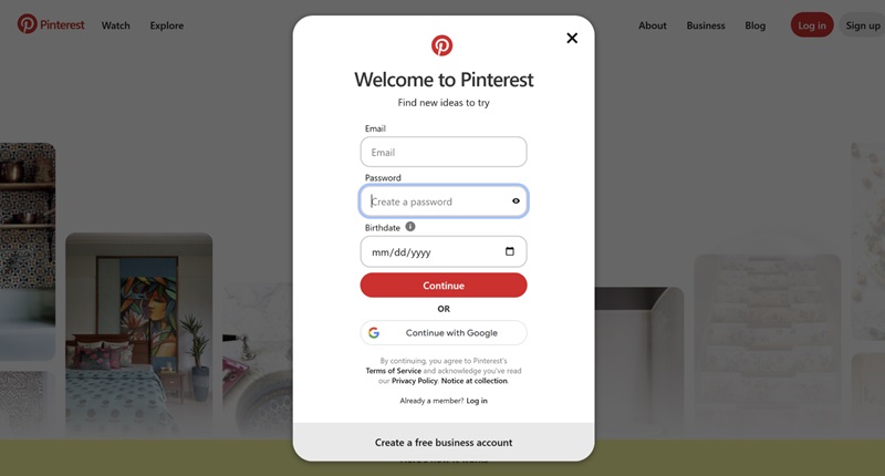  Sign up for a Pinterest account.