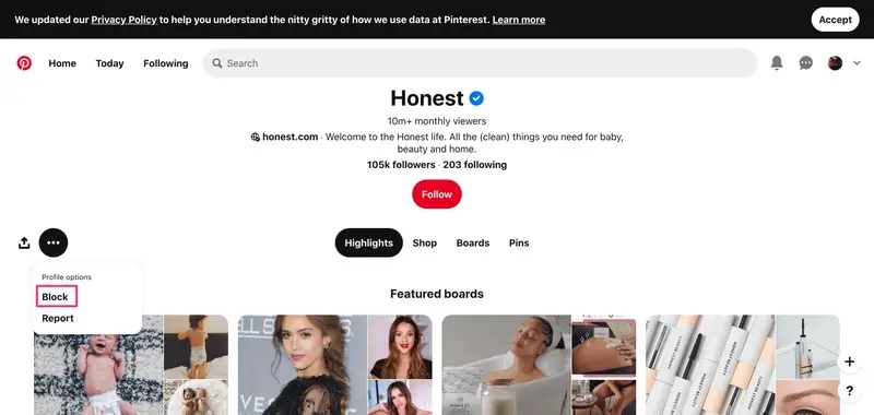 How to block a business account on Pinterest