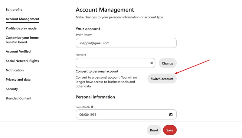 Convert my Pinterest business account to a personal one on the website