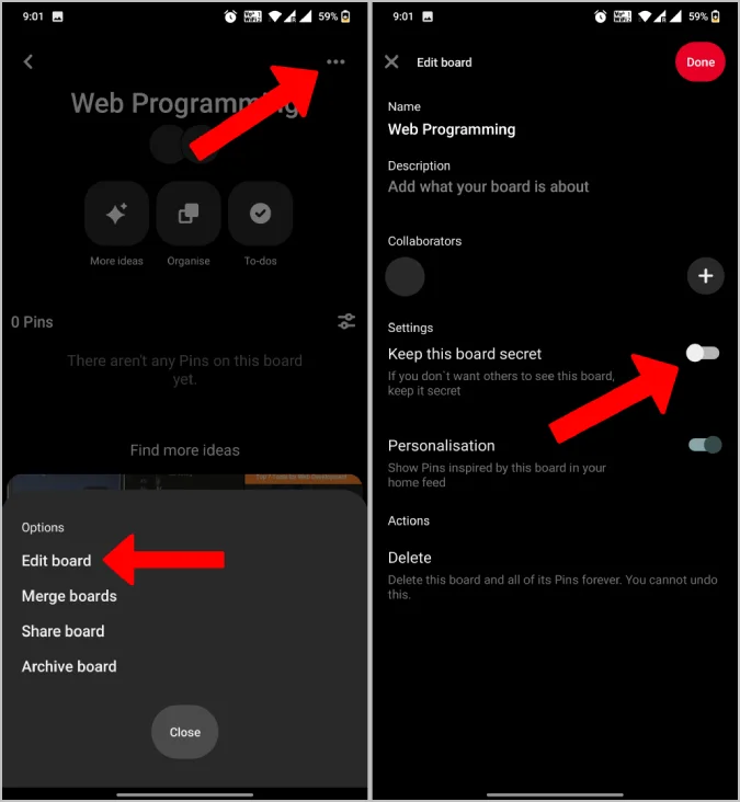 How to create a private board on Pinterest using Android/iOS